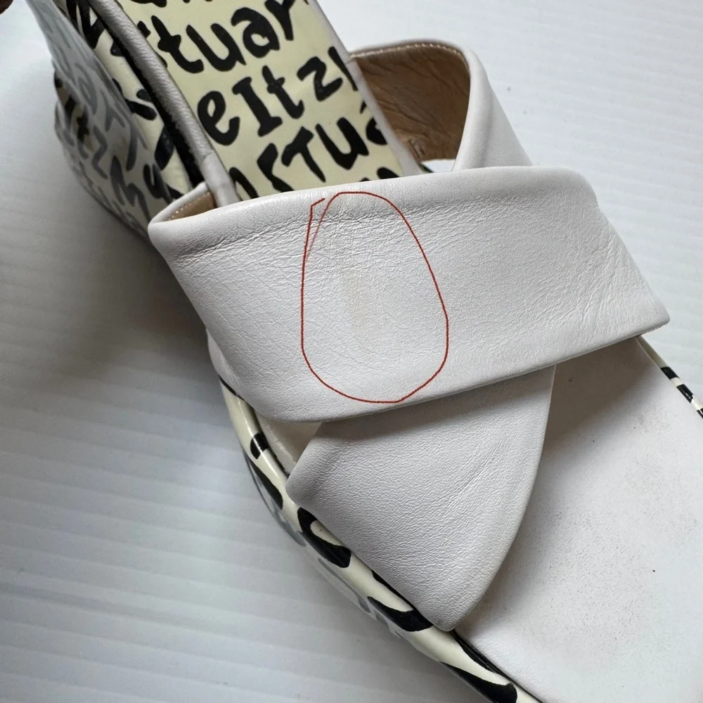 Stuart Weitzman White Leather Graphic Print Mule Wedge Heels Size 8 - Picture 13 of 13